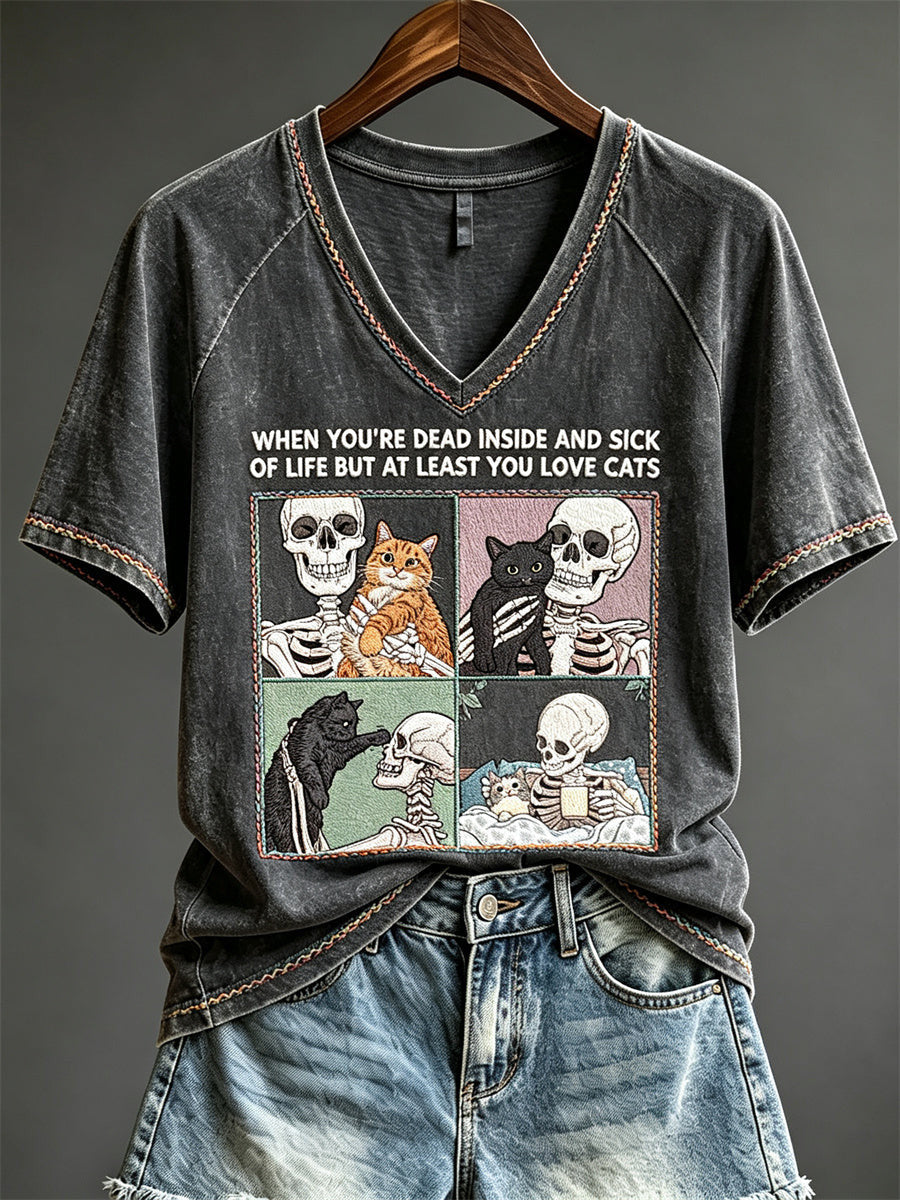 When You're Dead Inside But You Love Cats V-Neck Shirt Halloween Cats Tee Cute Halloween Gifts