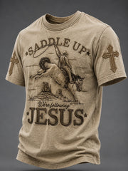 Saddle Up We're Following Jesus T-Shirt Christian Cowboy Cross Apparel Gifts For Men