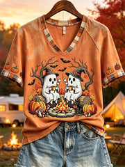 Two Ghosts Enjoying Hot Drinks V-Neck Shirt Halloween Spooky Merch Halloween Gifts For Her