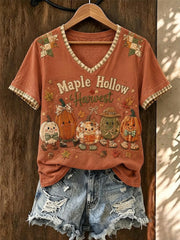 Maple Hollow Harvest V-Neck Shirt Autumn Halloween Merch Good Gifts For Wife