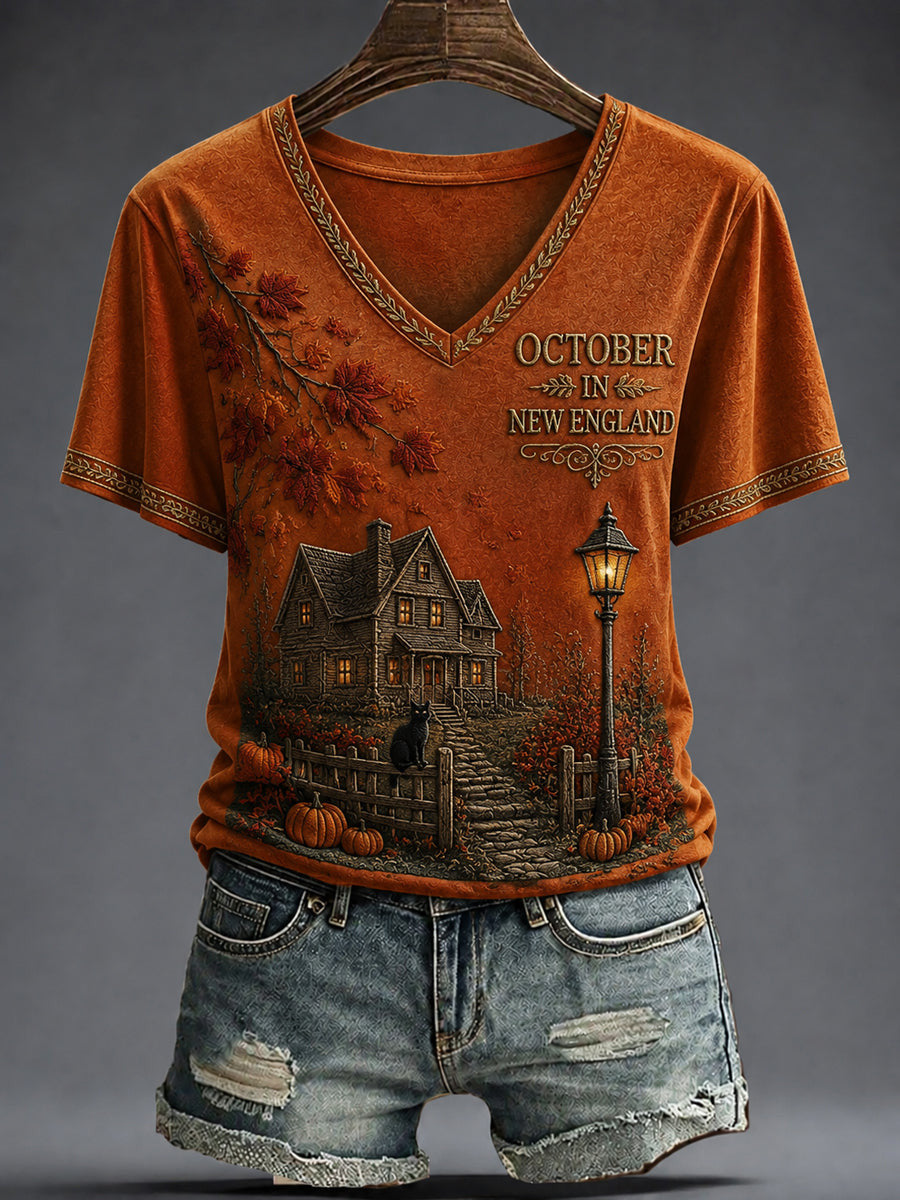 October In New England V-Neck Shirt Autumn Halloween Tee Halloween Gifts For Her