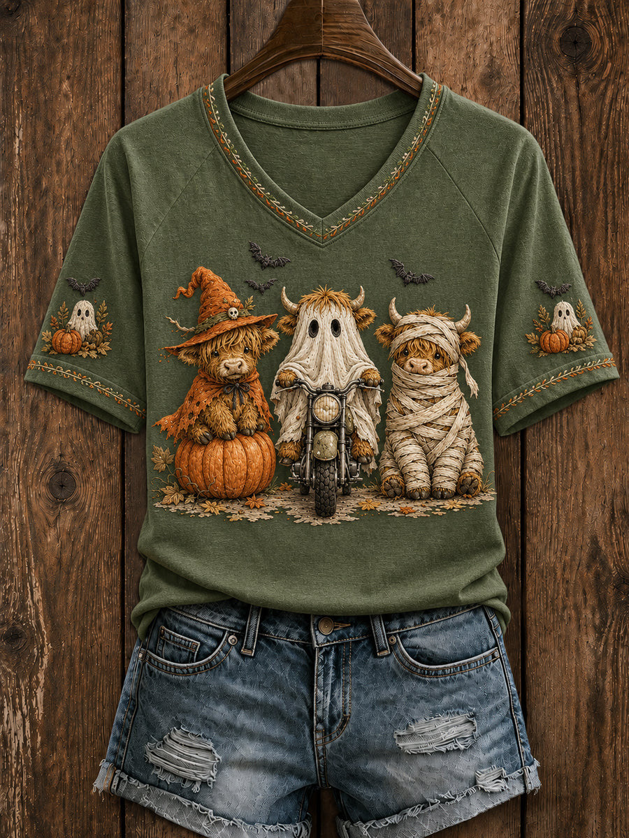 Highland Cow Ghost V-Neck Shirt Halloween Spooky Shirt Unique Halloween Gifts