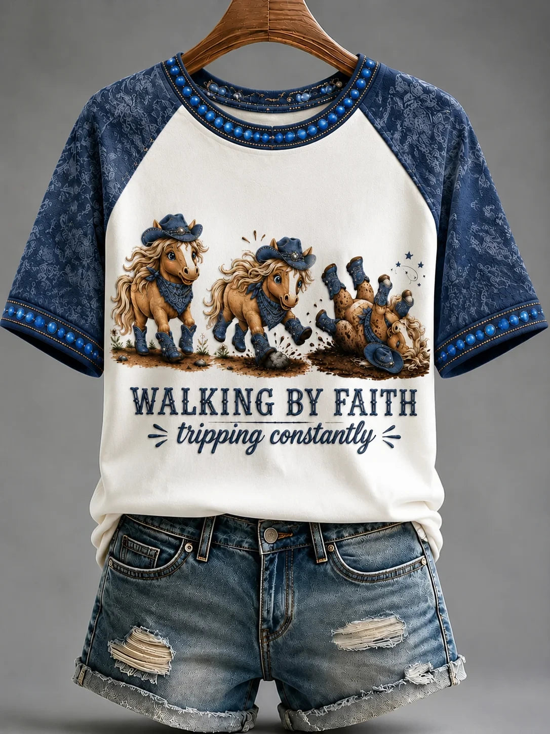 Walking By Faith Tripping Constantly T-Shirt Horse Cowboy Humor Clothes Gifts For Your Wife