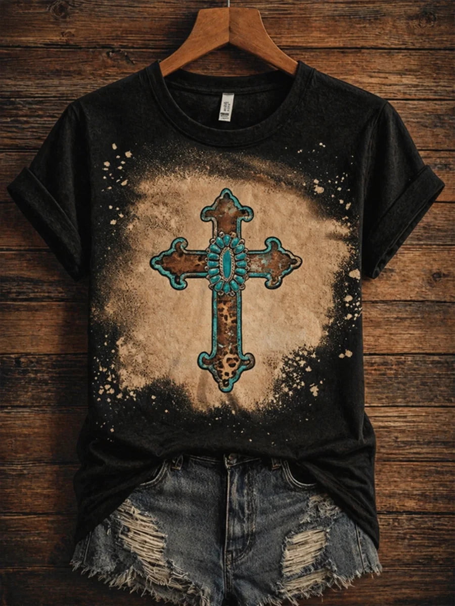 Western Boho Cross T-Shirt Christian Cross Clothing Gift For Spiritual Mentor