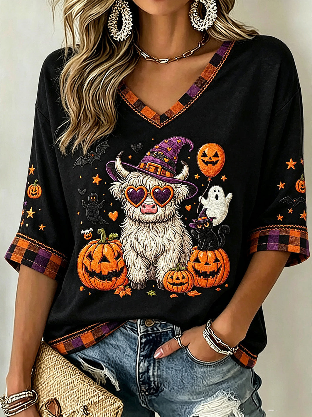 Cute Highland Cow Witch Pumpkin Cropped Sleeve V-Neck Shirt Halloween Merch Gift For Fans