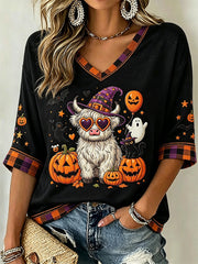 Cute Highland Cow Witch Pumpkin Cropped Sleeve V-Neck Shirt Halloween Merch Gift For Fans
