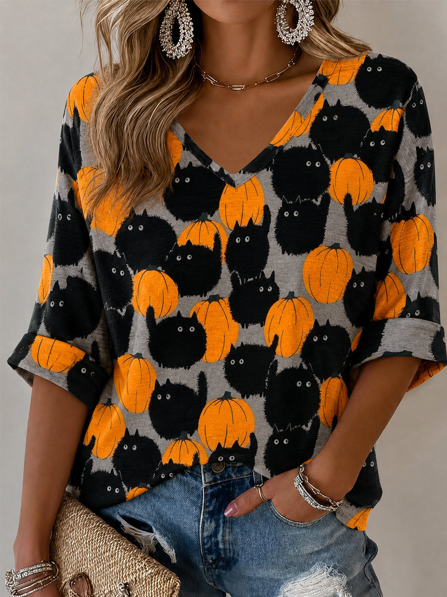 Cute Black Cats And Pumpkins Cropped Sleeve V-Neck Shirt Autumn Halloween Apparel Gift