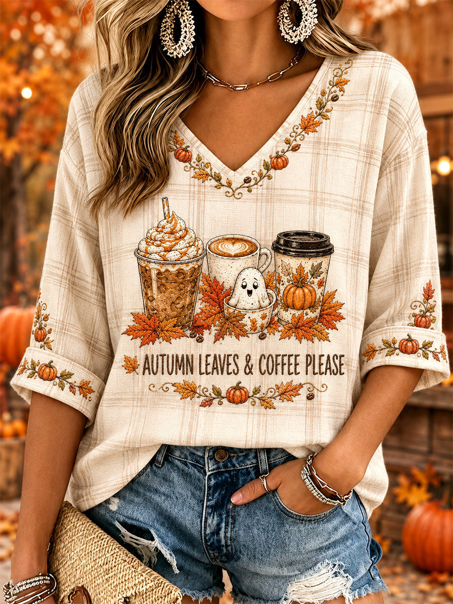 Autumn Leaves And Coffee Please Cropped Sleeve V-Neck Shirt Pumpkin Coffee Halloween Merch Gift