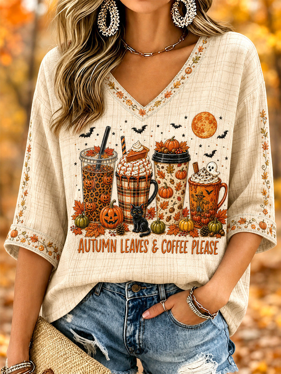 Autumn Leaves And Coffee Please Cropped Sleeve V-Neck Shirt Pumpkin Spice Coffee Halloween Merch