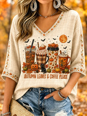 Autumn Leaves And Coffee Please Cropped Sleeve V-Neck Shirt Pumpkin Spice Coffee Halloween Merch