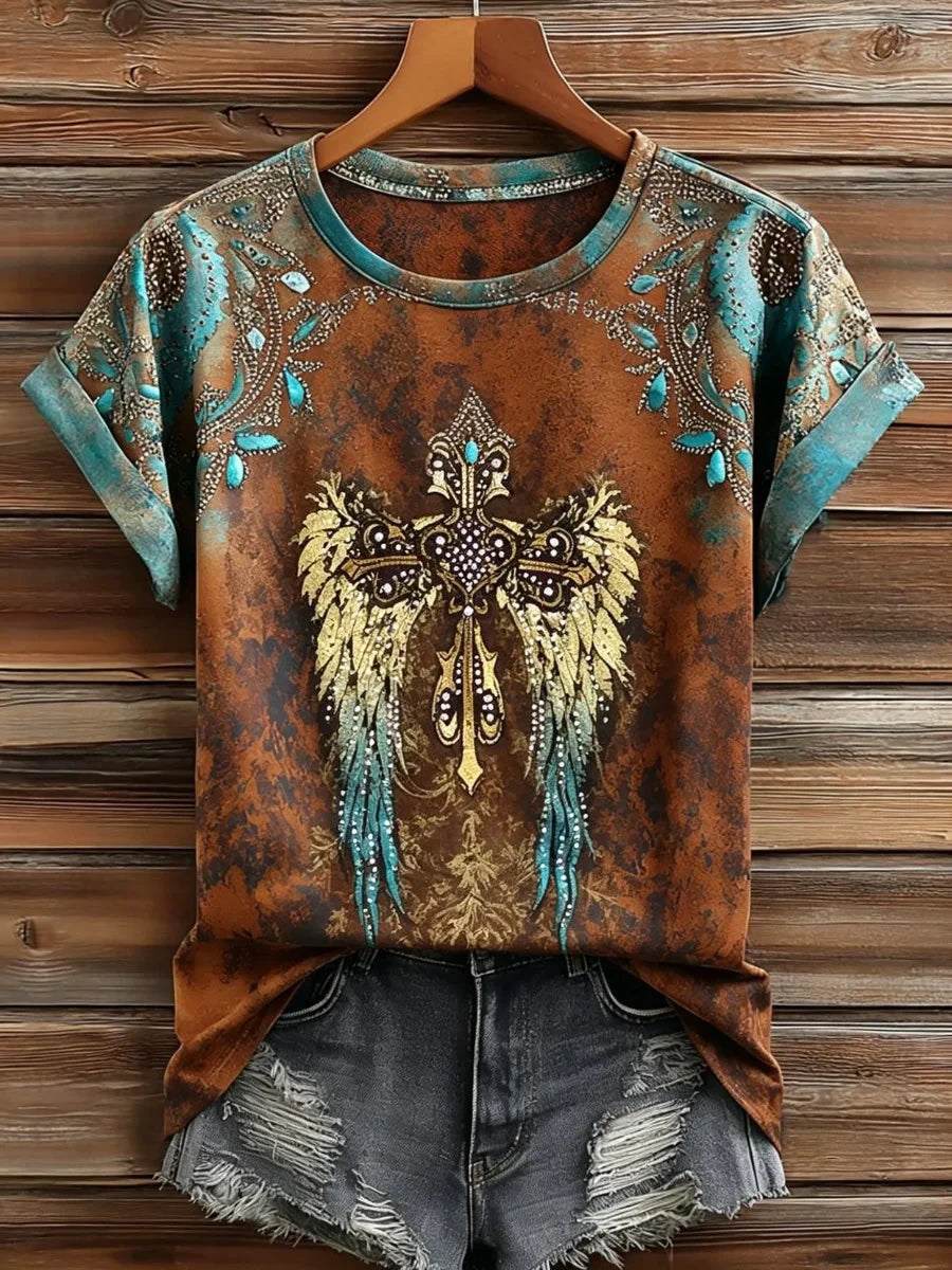 Western Boho Winged Cross T-Shirt Christian Wings Cross Clothing Christian Gifts For Her