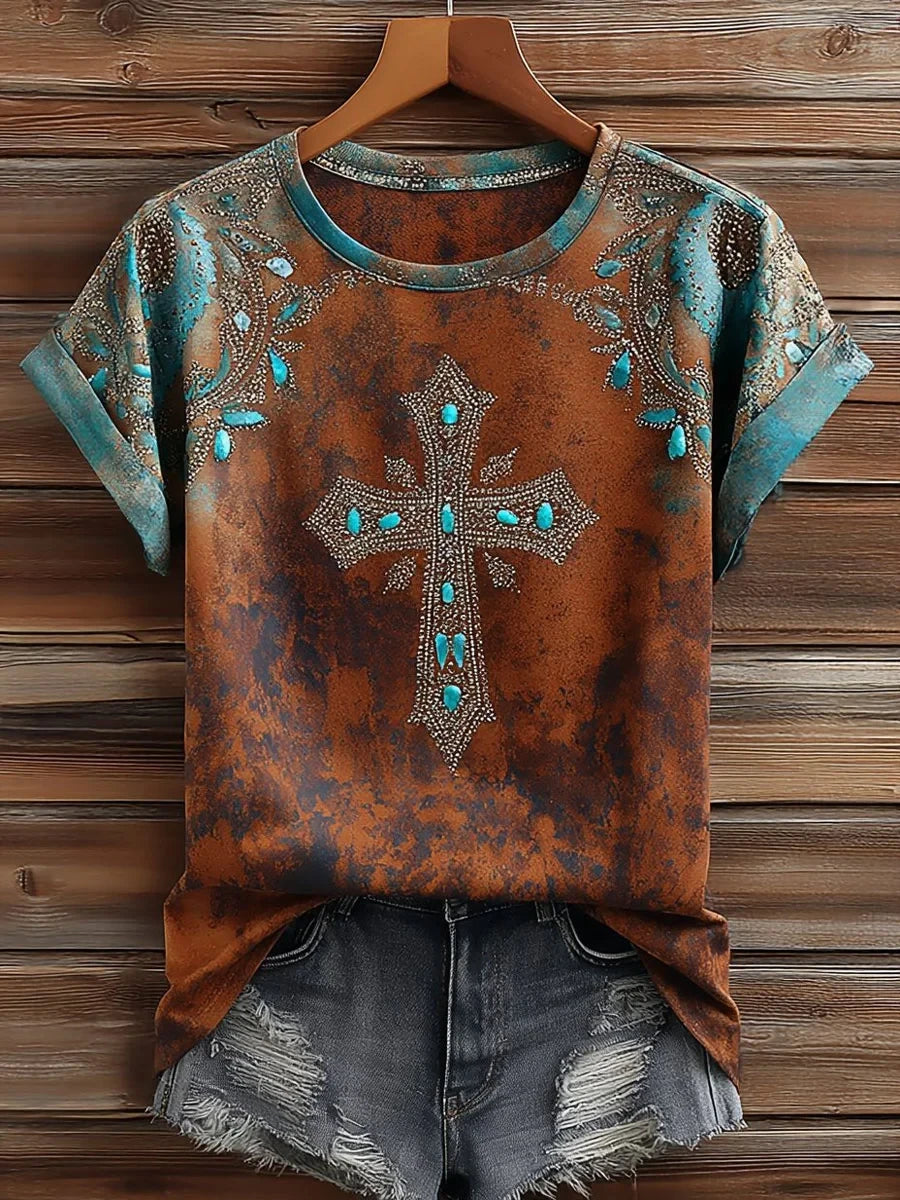 Western Boho Cross T-Shirt Christian Cross Turquoise Clothes Presents For Wife