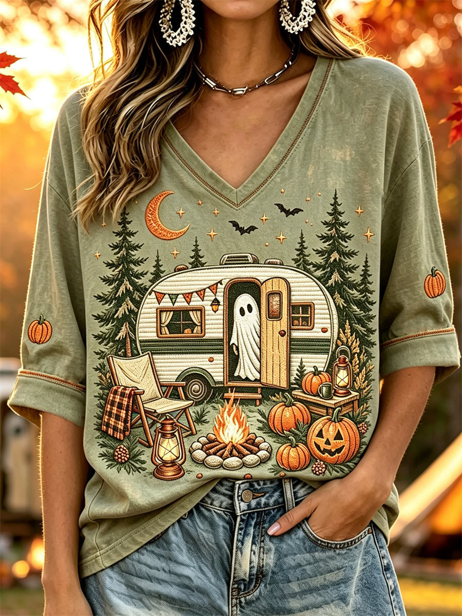Cute Ghost Camping Cropped Sleeve V-Neck Shirt Spooky Cute Camper Halloween Clothes Gifts