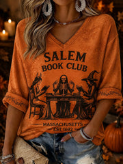 Salem Book Club Massachusetts Est 1692 Cropped Sleeve V-Neck Shirt Halloween Merch Gift