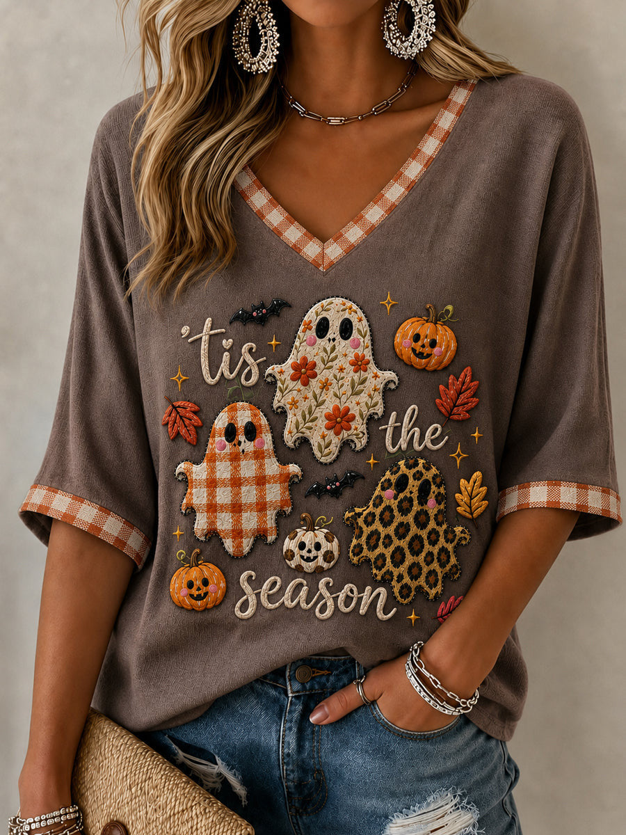 Tis The Season Cropped Sleeve V-Neck Shirt Autumn Halloween Apparel Gift For Halloween Lovers