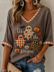 Tis The Season Cropped Sleeve V-Neck Shirt Autumn Halloween Apparel Gift For Halloween Lovers
