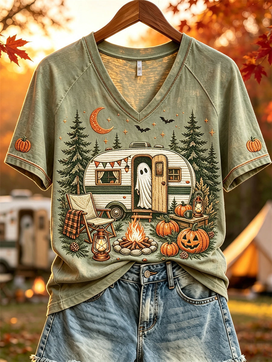 Cute Ghost Camping V-Neck Shirt Spooky Cute Camper Halloween Shirt Birthday Gifts For Her