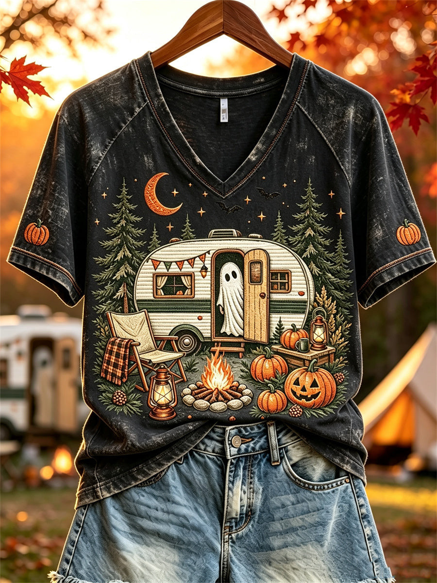 Cute Ghost Camping V-Neck Shirt Spooky Cute Camper Halloween Shirt Birthday Gifts For Her