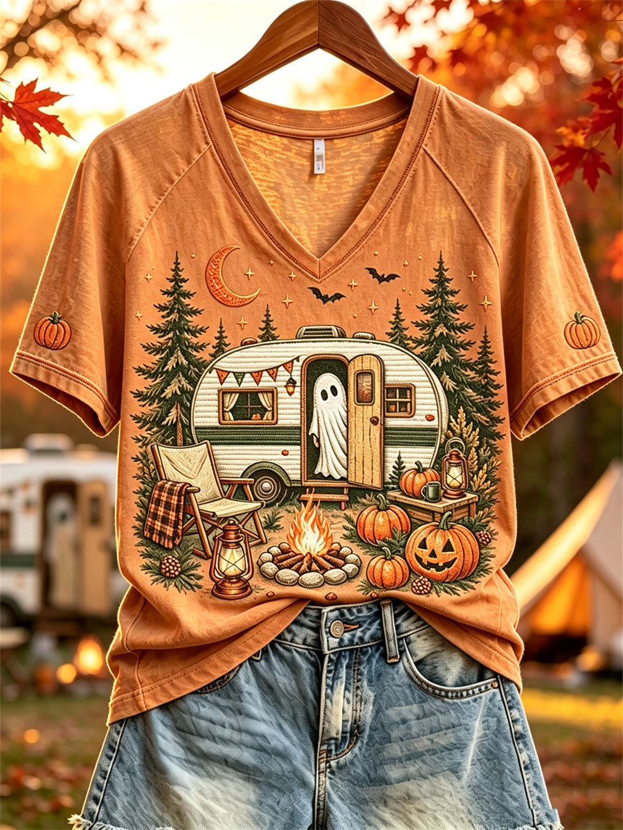 Cute Ghost Camping V-Neck Shirt Spooky Cute Camper Halloween Shirt Birthday Gifts For Her