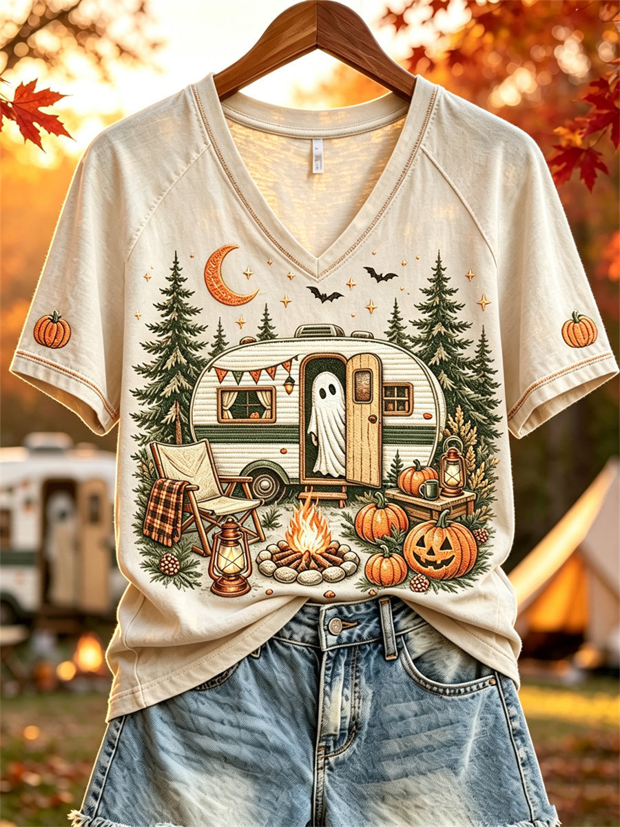 Cute Ghost Camping V-Neck Shirt Spooky Cute Camper Halloween Shirt Birthday Gifts For Her