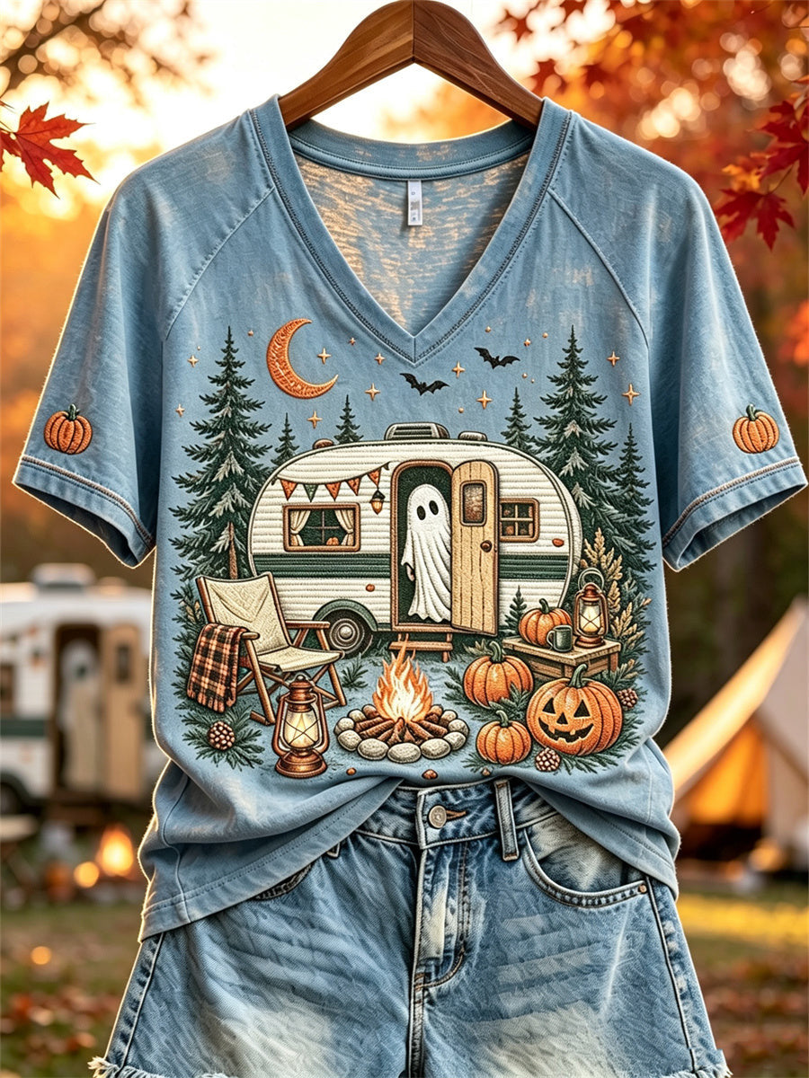 Cute Ghost Camping V-Neck Shirt Spooky Cute Camper Halloween Shirt Birthday Gifts For Her