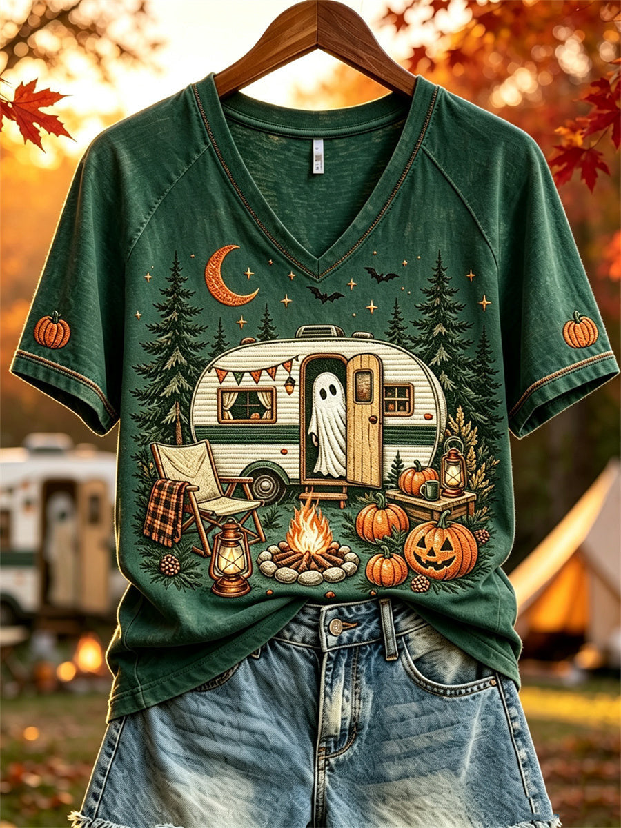 Cute Ghost Camping V-Neck Shirt Spooky Cute Camper Halloween Shirt Birthday Gifts For Her