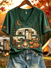 Cute Ghost Camping V-Neck Shirt Spooky Cute Camper Halloween Shirt Birthday Gifts For Her