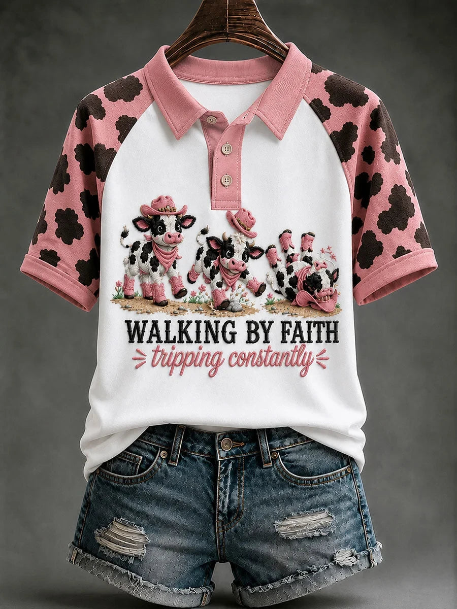 Walking By Faith Tripping Constantly Polo Shirt Cute Cow Merch Best Gifts For Wife
