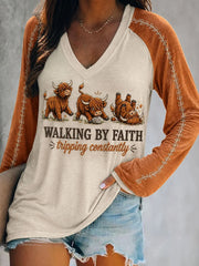 Walking By Faith Tripping Constantly V-Neck Long Sleeve Shirt Western Country Apparel Gift Ideas