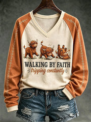 Walking By Faith Tripping Constantly V-Neck Long-Sleeved Shirt Western Country Apparel Gift