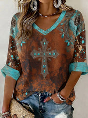 Western Cross Cropped Sleeve V-Neck Shirt Retro Western Faith Clothing Birthday Gift