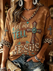 Let Me Tell You About My Jesus Western Cross Cropped Sleeve V-Neck Shirt Cool Gifts