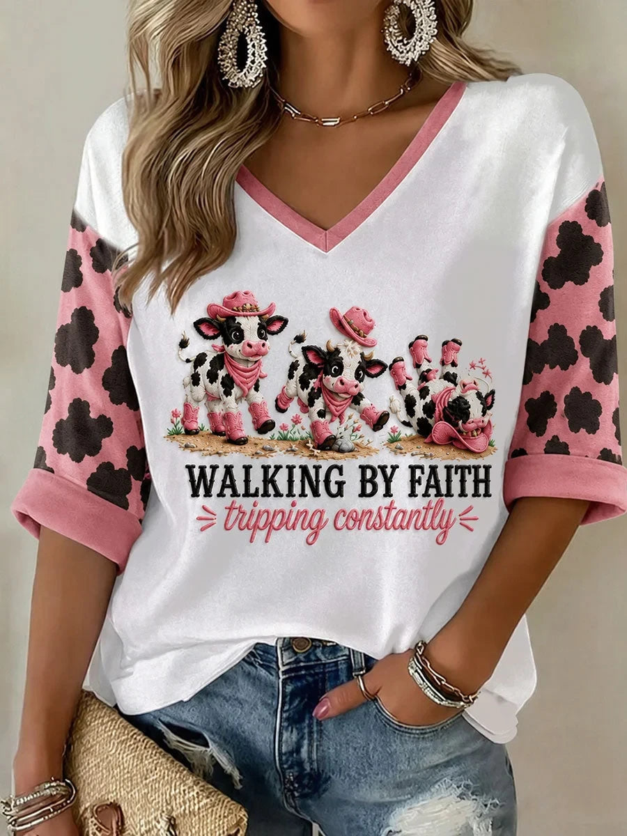 Walking By Faith Tripping Constantly Cropped Sleeve V-Neck Shirt Cute Cow Merch Gift Ideas