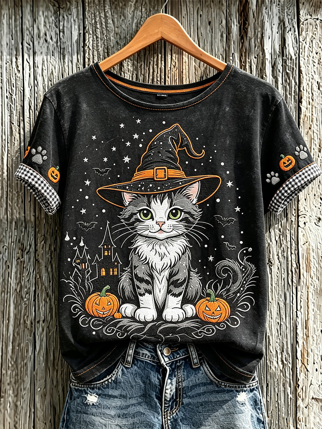 Cute Cat Witch With Pumpkins T-Shirt Halloween Cat Shirt New Outfit Gift