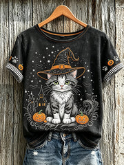 Cute Cat Witch With Pumpkins T-Shirt Halloween Cat Shirt New Outfit Gift
