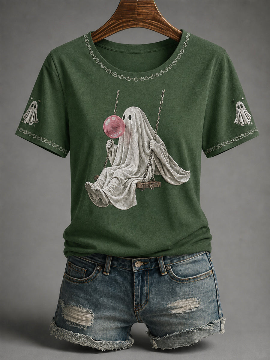 Cute Ghost Blowing Bubble Gum T-Shirt Ghost On A Swing Shirt Gifts For Her
