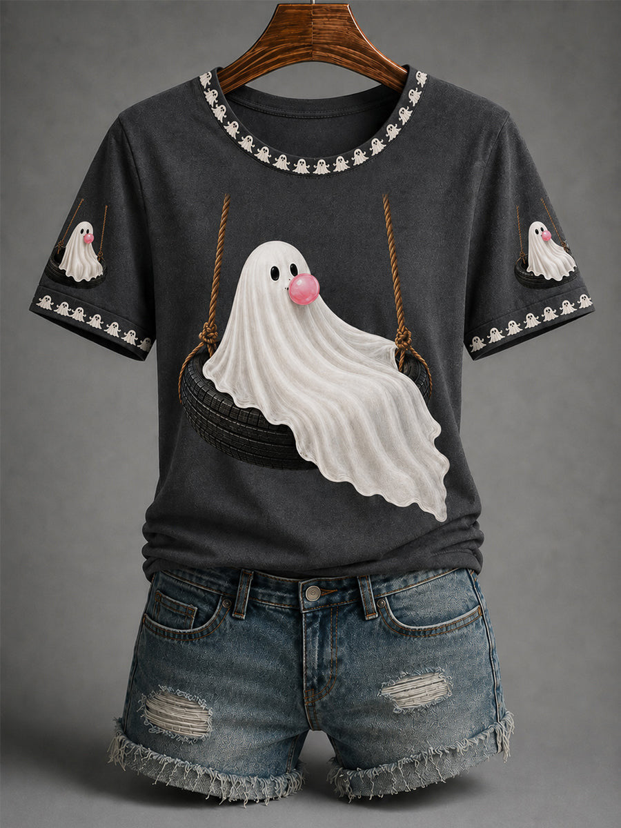 Cute Ghost On Tire Swing T-Shirt Ghost Bubble Gum Merch New Season Ideas
