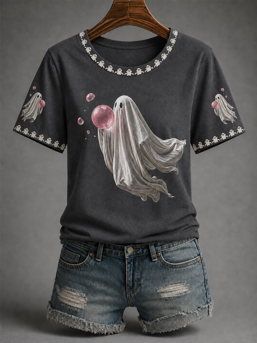Ghost Blowing Pink Bubble Gum T-Shirt Halloween Ghost Shirt Spooky Gifts For Her