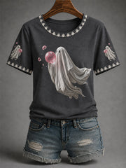 Ghost Blowing Pink Bubble Gum T-Shirt Halloween Ghost Shirt Spooky Gifts For Her