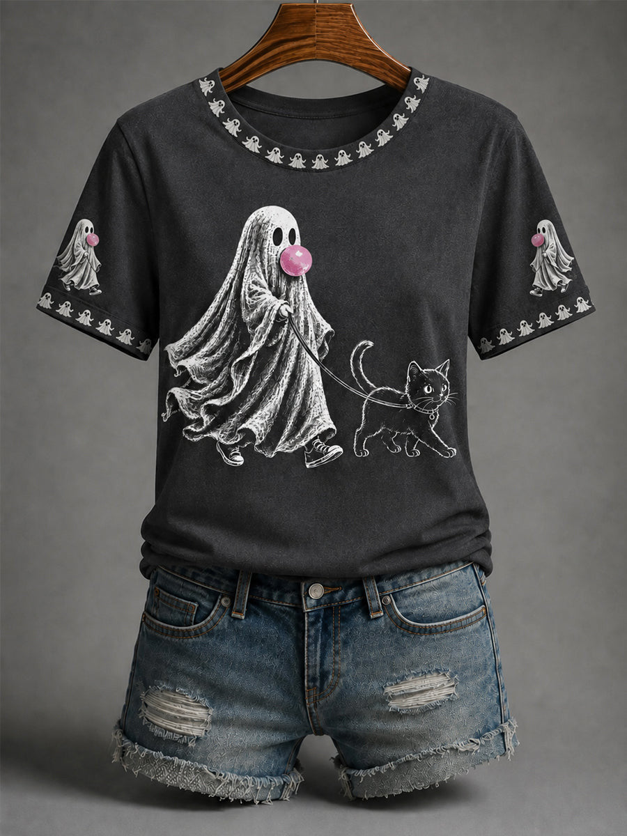 Ghost Walking A Cat T-Shirt Halloween Spooky Merch Women's Birthday Gift Ideas