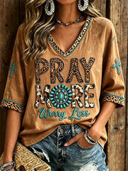Pray More Worry Less Turquoise Cross Western Cropped Sleeve V-Neck Shirt Unique Gifts For Her