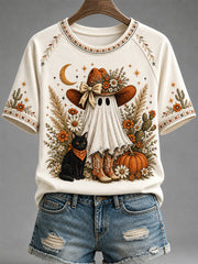 Cowboy Ghost With Black Cat T-Shirt Halloween Autumn Merch Fall Fashion Gift Ideas