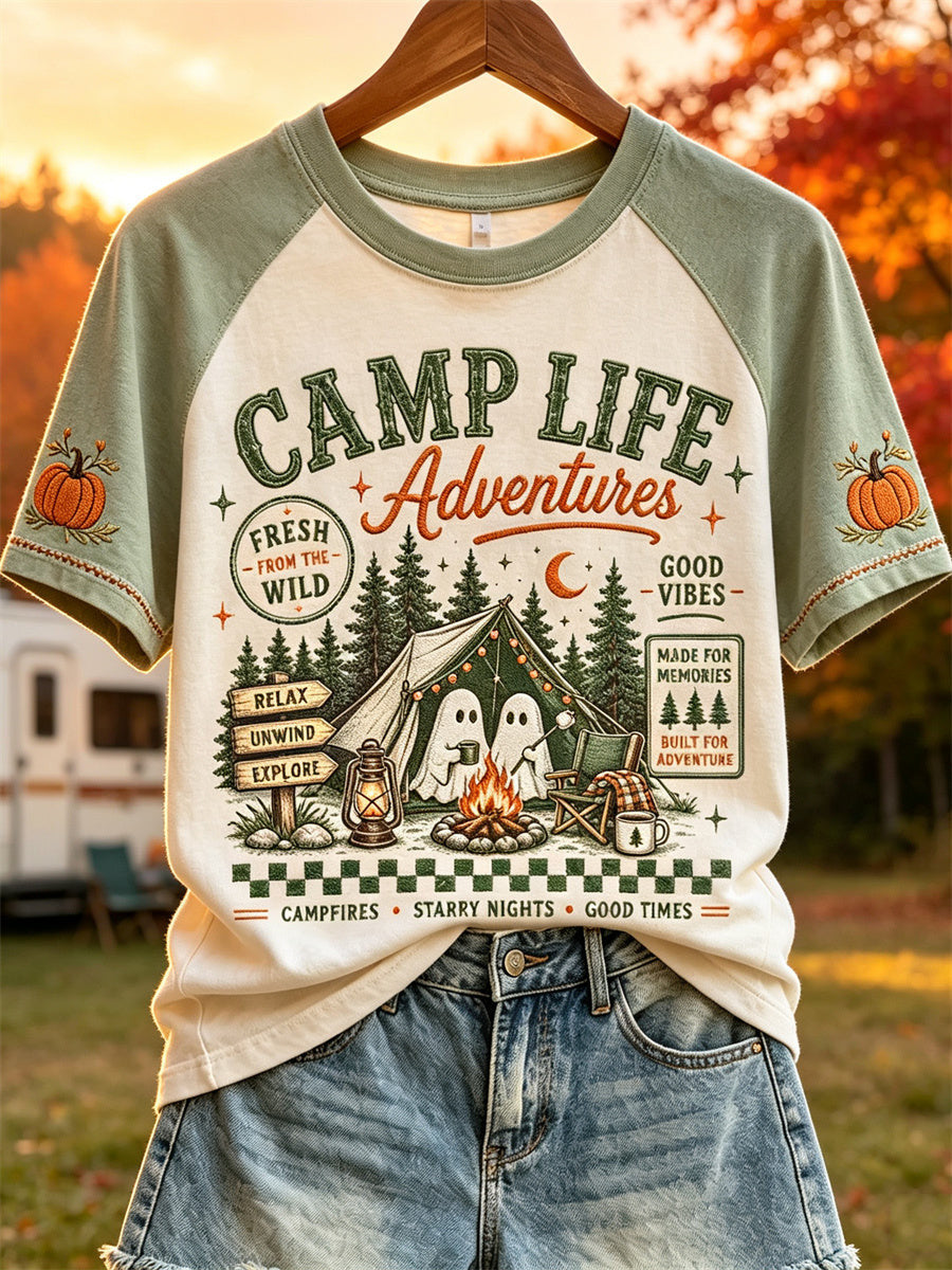 Camp Life Adventures Sage Green Camping Ghost T-Shirt Camping Halloween Tee Halloween Gifts