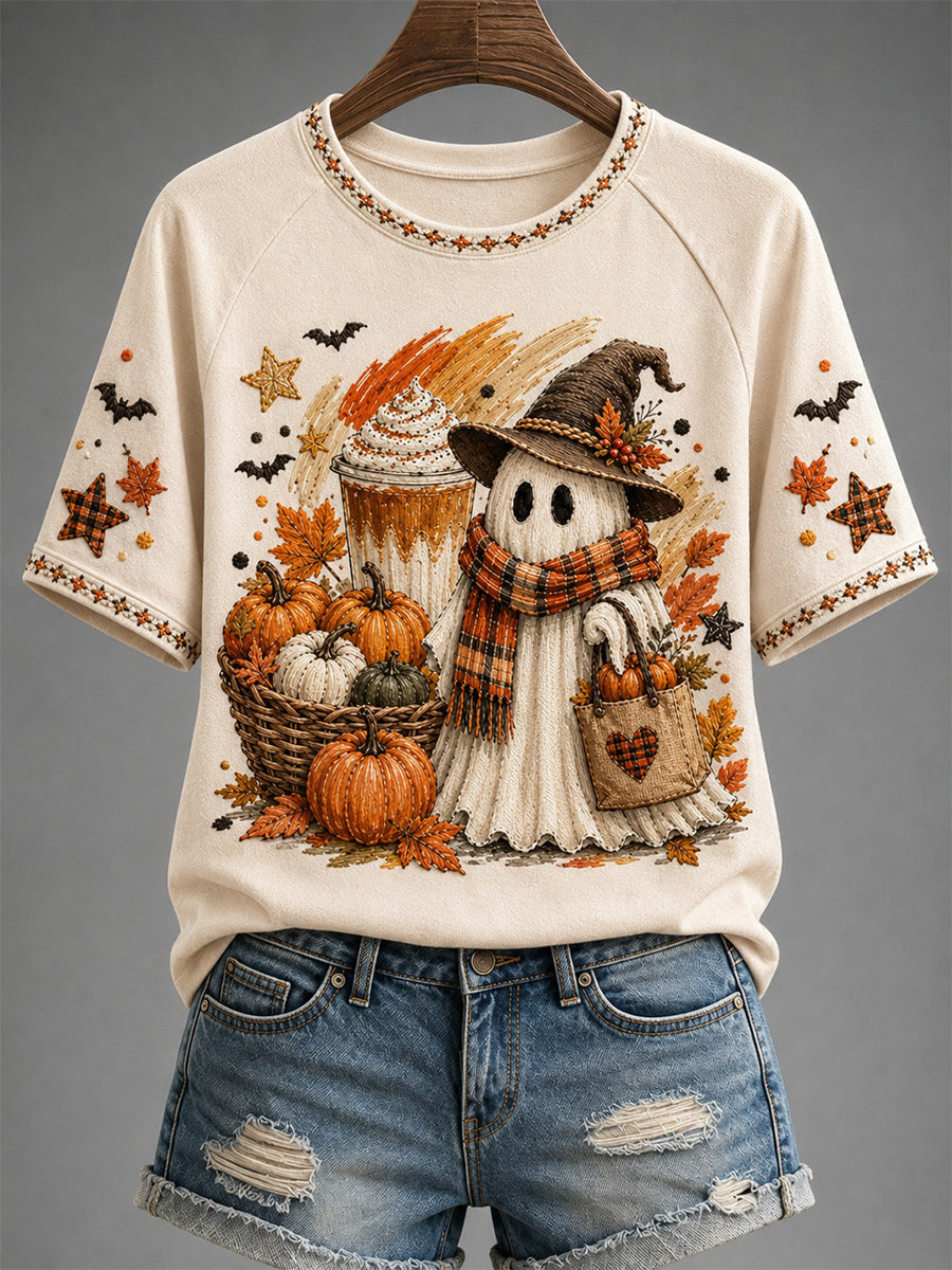 Cute Ghost In Witch Hat T-Shirt Halloween Autumn Shirt Unique Gift For Wife Birthday