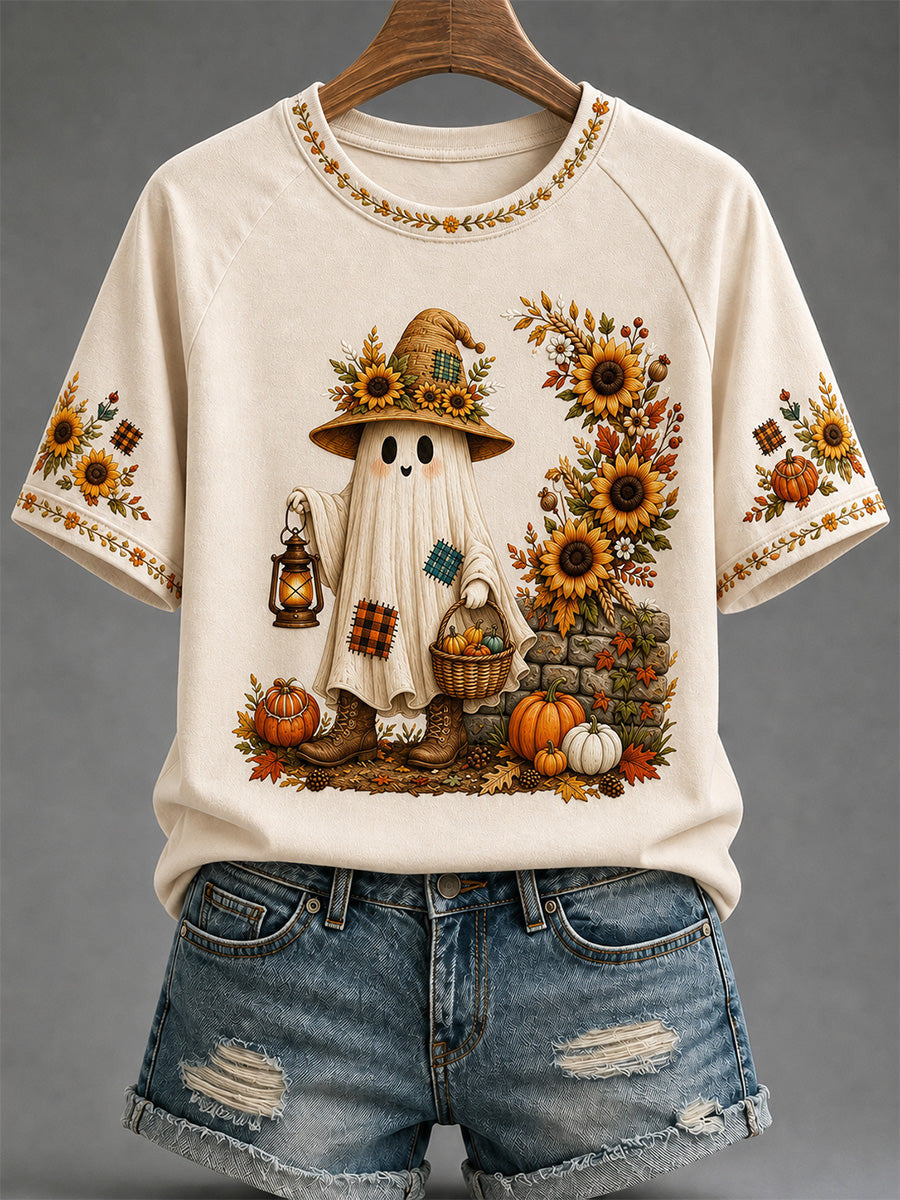 Cute Ghost With Sunflower Hat T-Shirt Autumn Halloween Shirt Cute Halloween Apparel