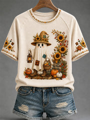 Cute Ghost With Sunflower Hat T-Shirt Autumn Halloween Shirt Cute Halloween Apparel