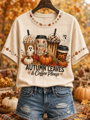 Hello Fall Autumn Leaves Coffee Please T-Shirt Autumn Halloween Merch Gifts For My Wife