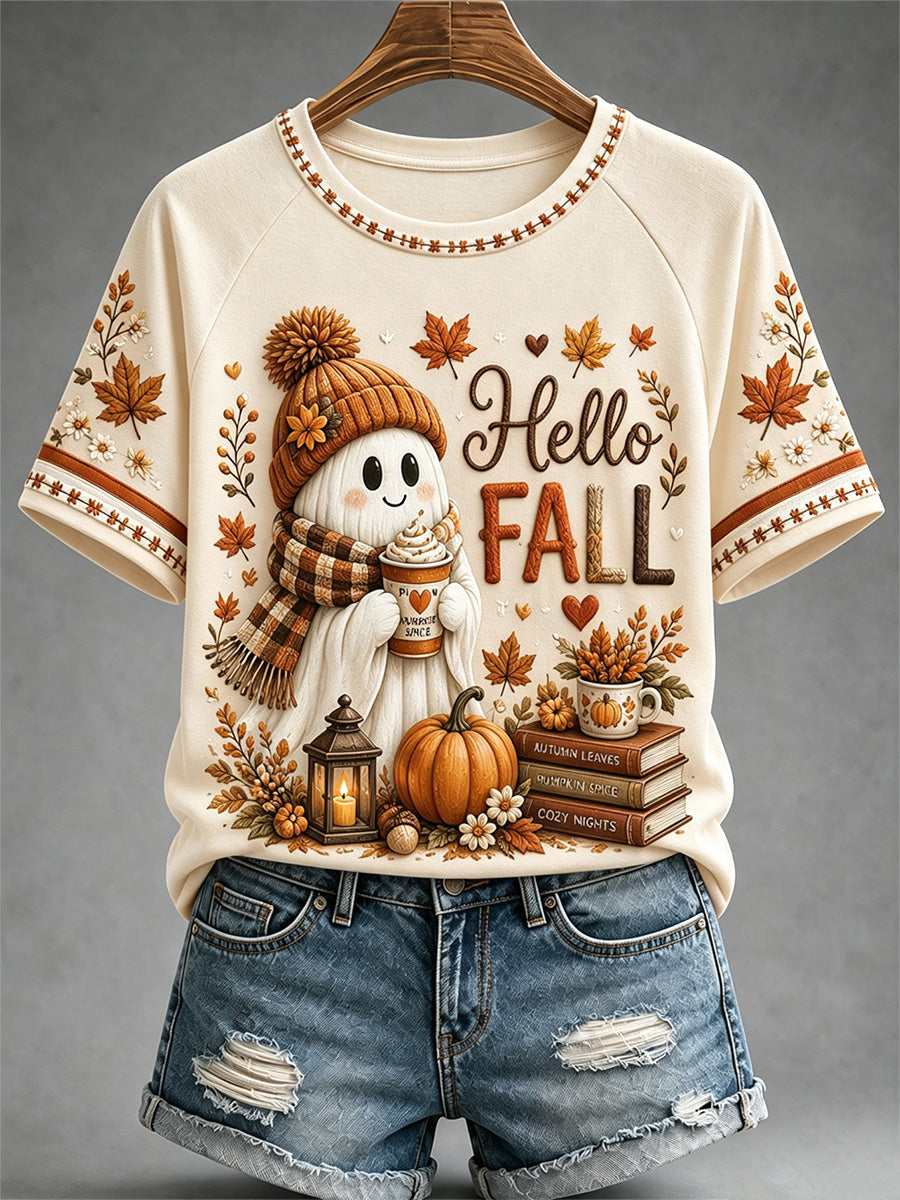 Hello Fall Autumn Leaves Pumpkin T-Shirt Autumn Halloween Merch Halloween Clothes For Her