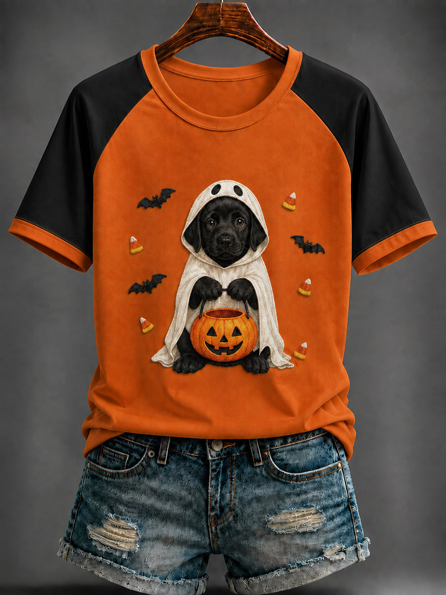 Cute Black Dog In Ghost T-Shirt Halloween Dog Merch Unique Halloween Clothing Finds