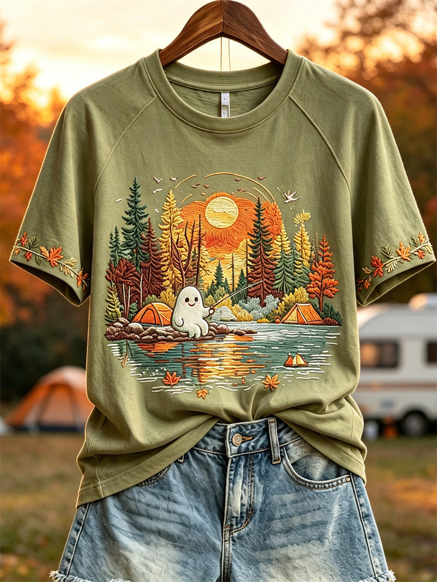Cute Ghost Fishing T-Shirt Autumn Camping Merch Cute Halloween Apparel